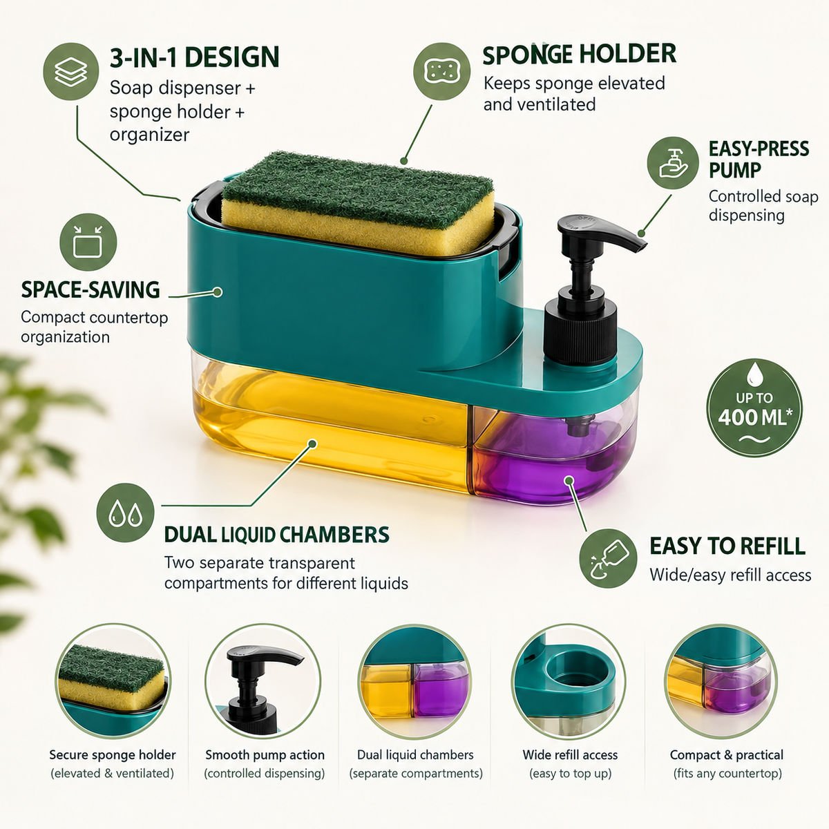 3-in-1 Soap Dispenser & Dish Scrubber Holder