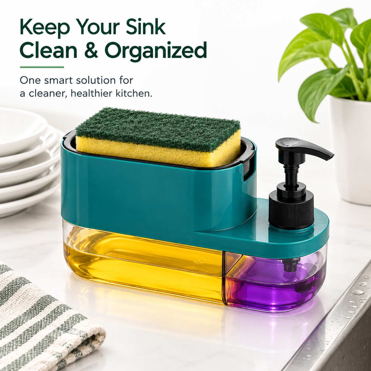 3-in-1 Soap Dispenser & Dish Scrubber Holder